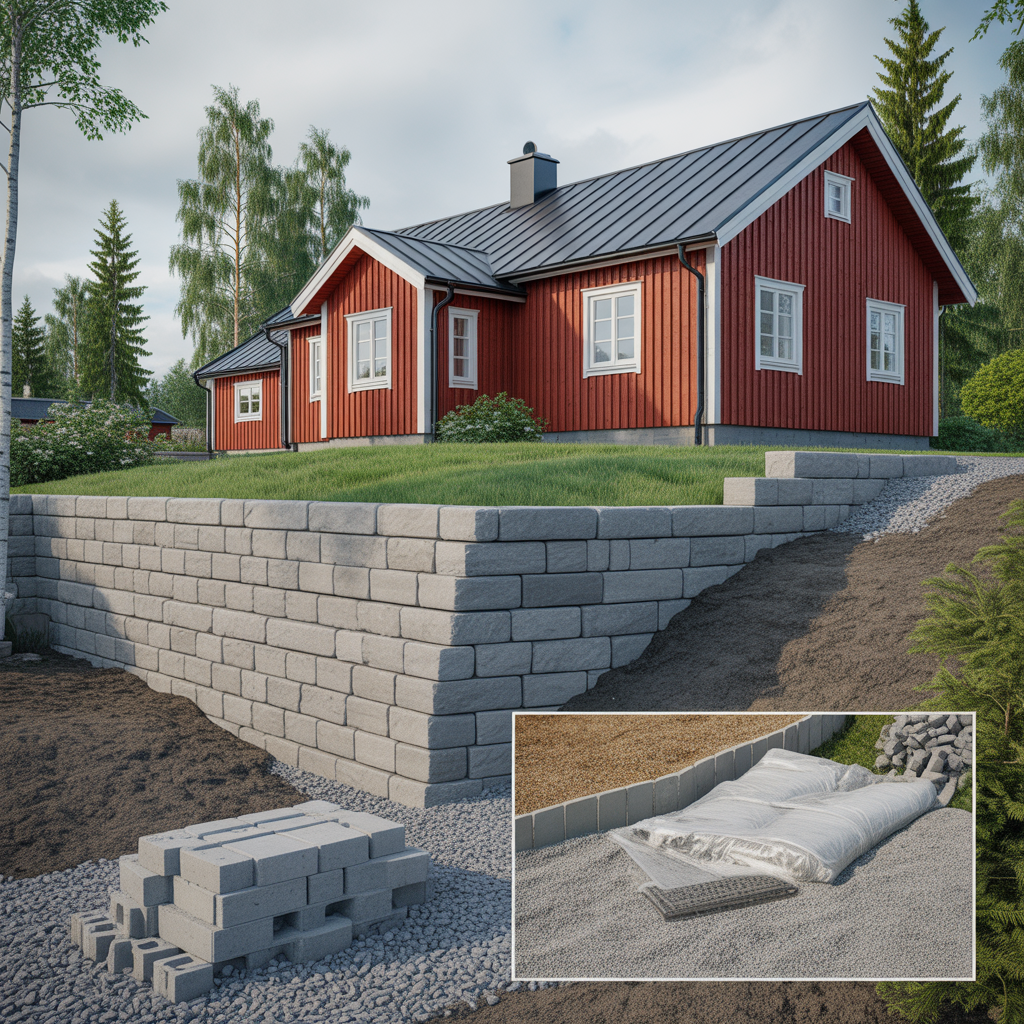 stodmur pa sluttande tomt kostnad grundlaggning dranering